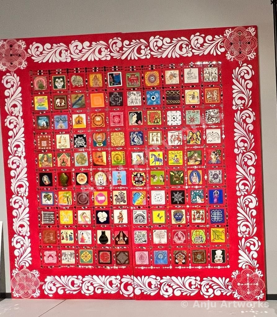 100 Folk Arts of India — 8 by 8 ft wooden board with 100 folk art tiles