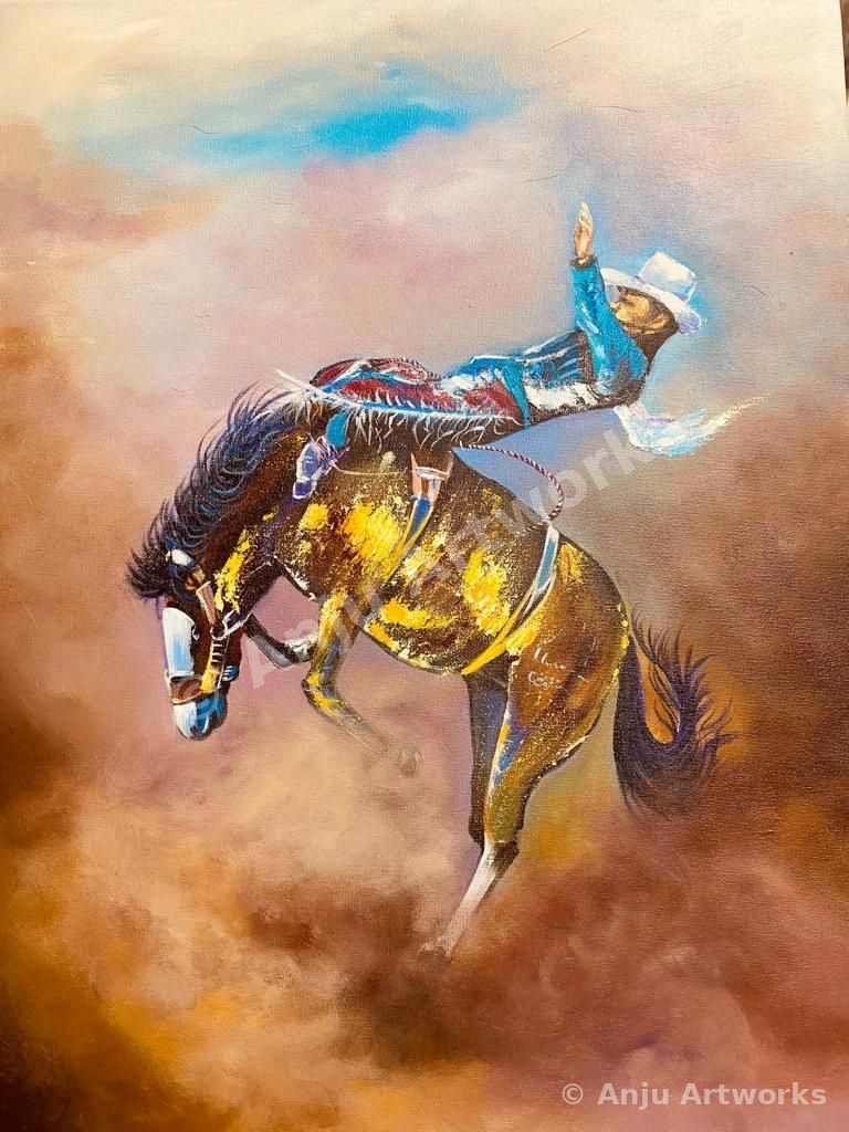 Painting featured in Union County Weekly — rider on a bucking horse