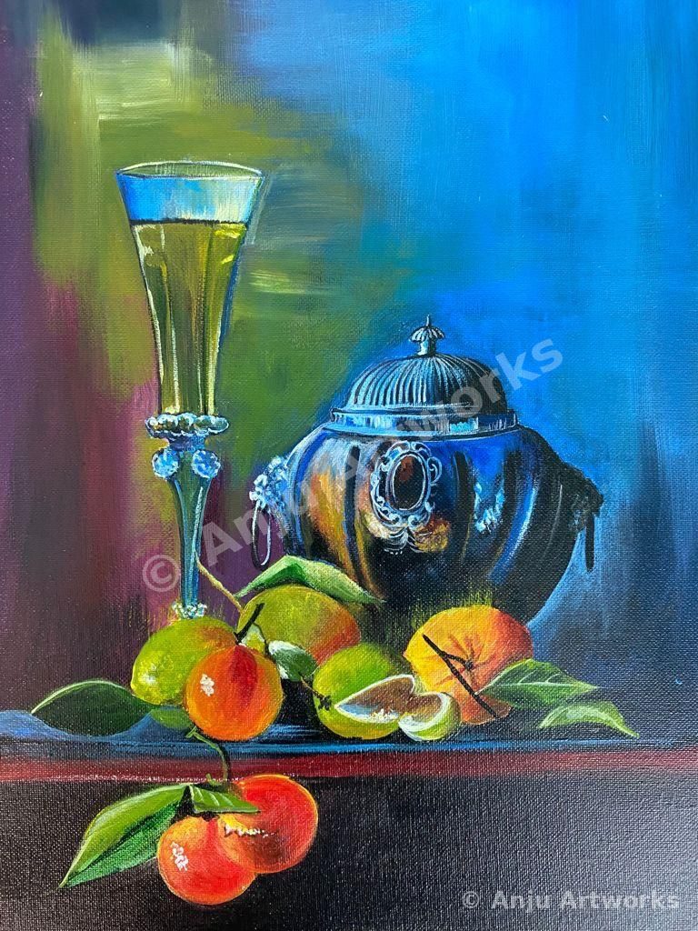 Painting featured in Union County Weekly — still life with glass and fruit