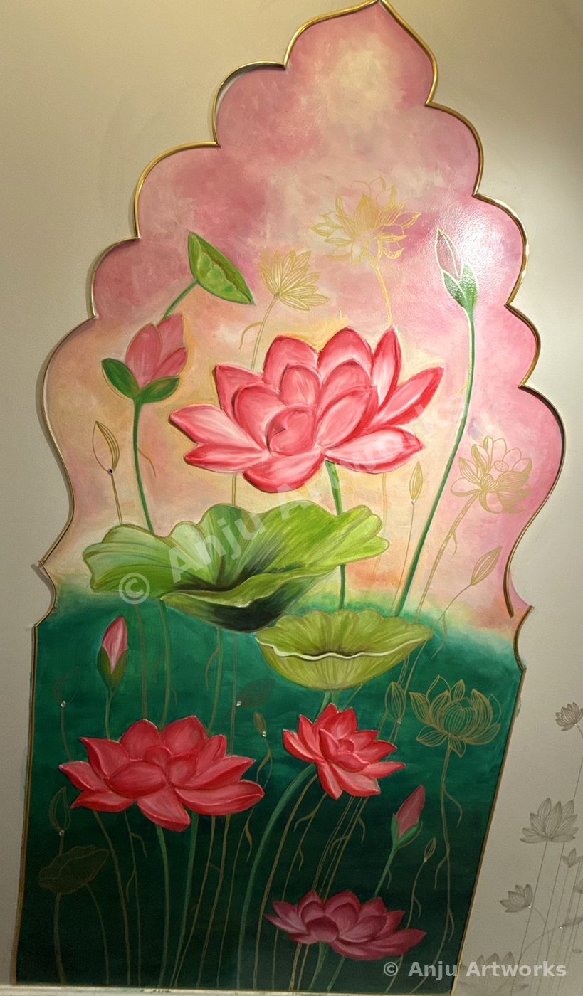 Lotus arch wall mural — pink lotus flowers painted in an arched frame on a stairwell wall