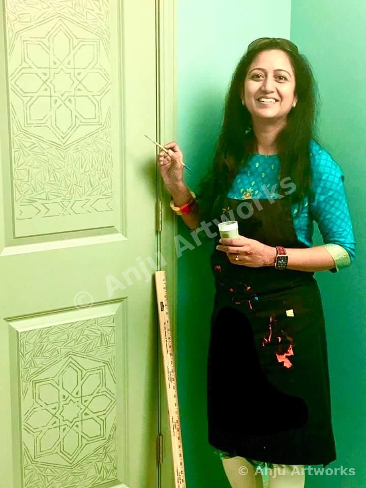 Santvana Jain painting Moroccan art on a door, 2020