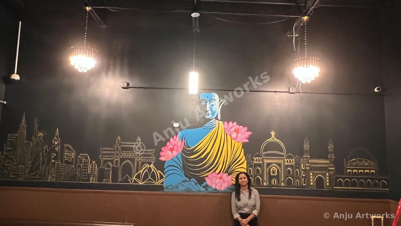 Buddha wall mural with Indian landmarks at Indian Restaurant Exotica, downtown Charlotte