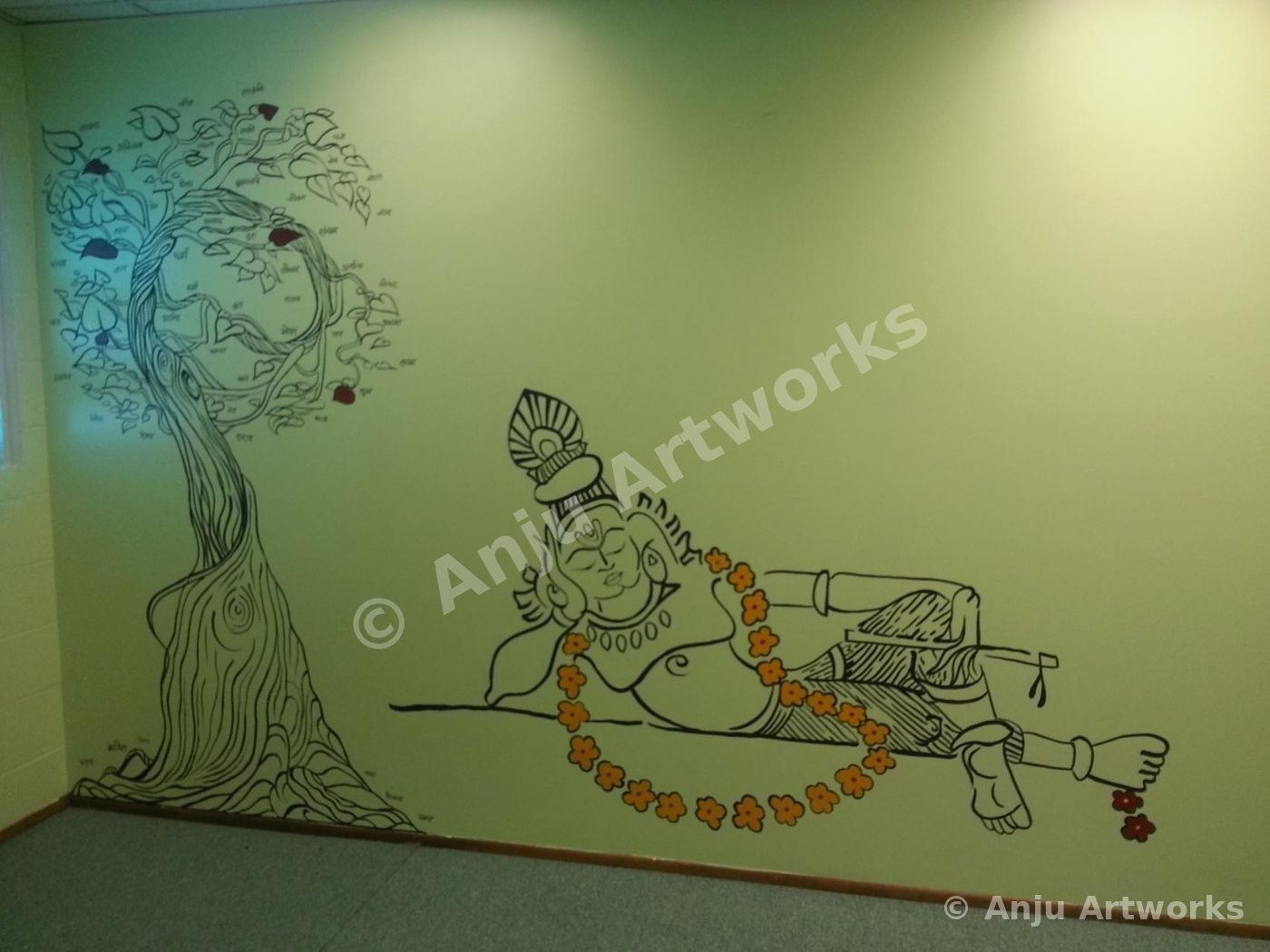 Temple wall mural — Krishna with garland beside a tree, painted in wall paint