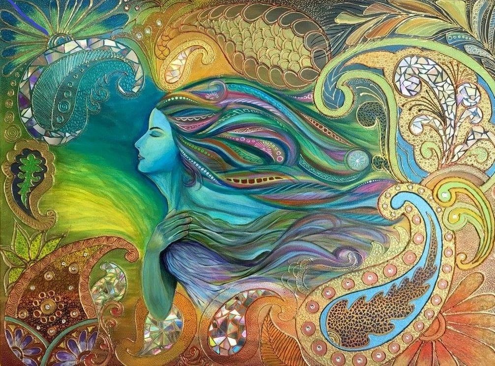 Fairytale — a colorful mixed medium artwork of a woman with flowing hair and ornamental paisley motifs